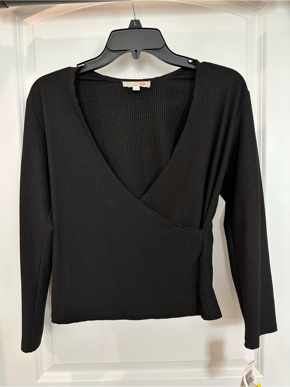GB Black V-neck Ribbed Knit Faux Wrap Long Sleeve Top Women Size M NWT